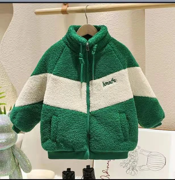 男童夹棉冬装加厚外套2025新款帅气羊羔绒毛毛衣儿童拼色刺绣上衣