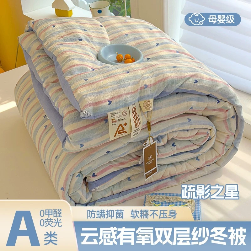 有氧双层纱加厚四件套柔软透气亲肤床上用品简约床单被套四季可用