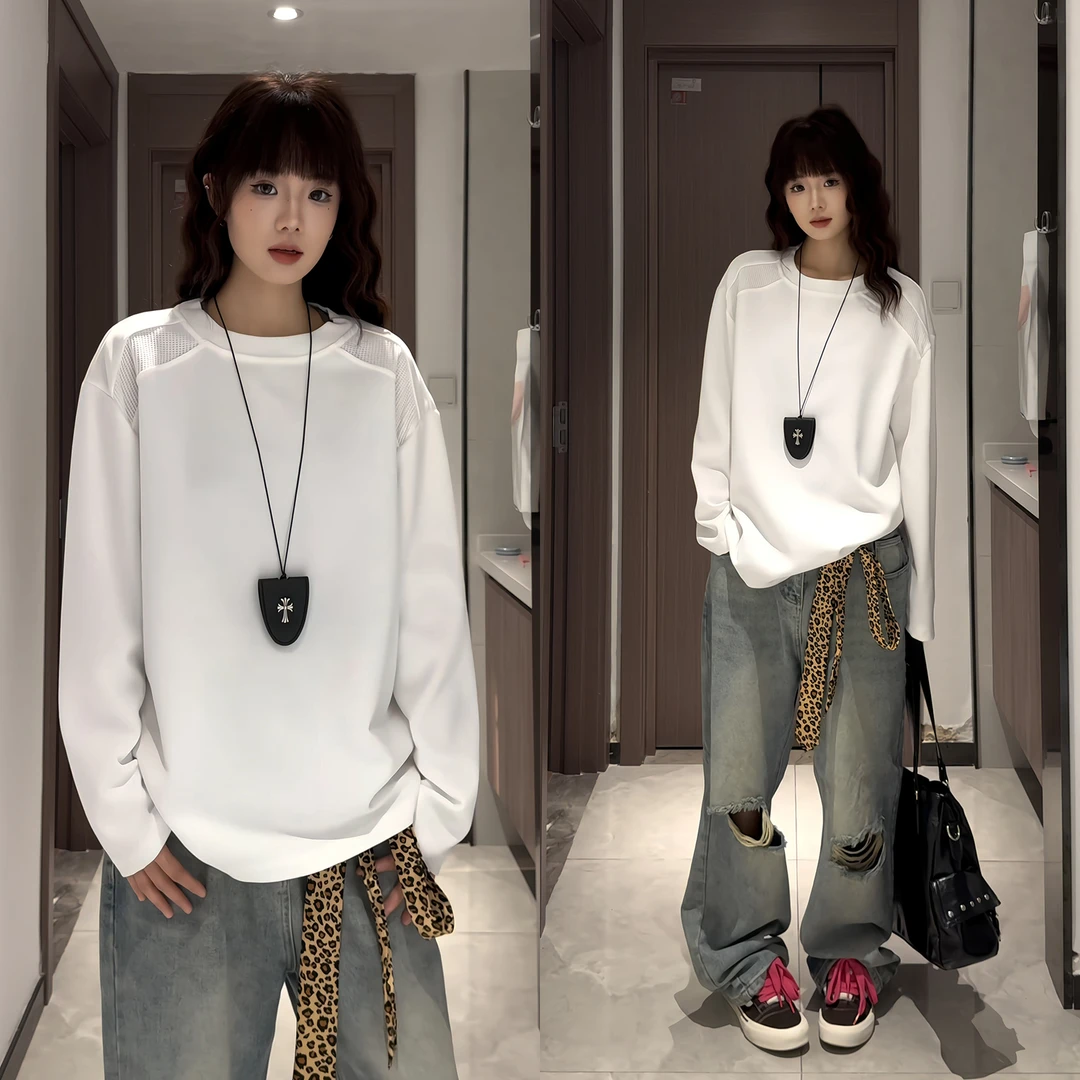 白色网眼拼接重磅卫衣男秋季cleanfit美式长袖t恤宽松内搭打底衫