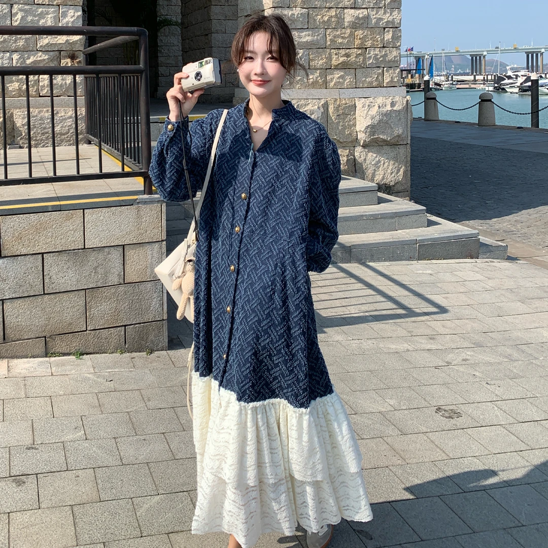 CICI孕妇装秋装牛仔衬衫连衣裙2025新款胖mm大码孕晚期长复古裙子