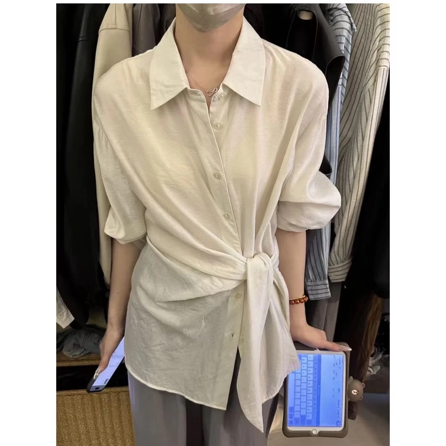 【momo】周末时光’侧绑带衬衫女韩系收腰百搭设计感上衣防晒衬衣