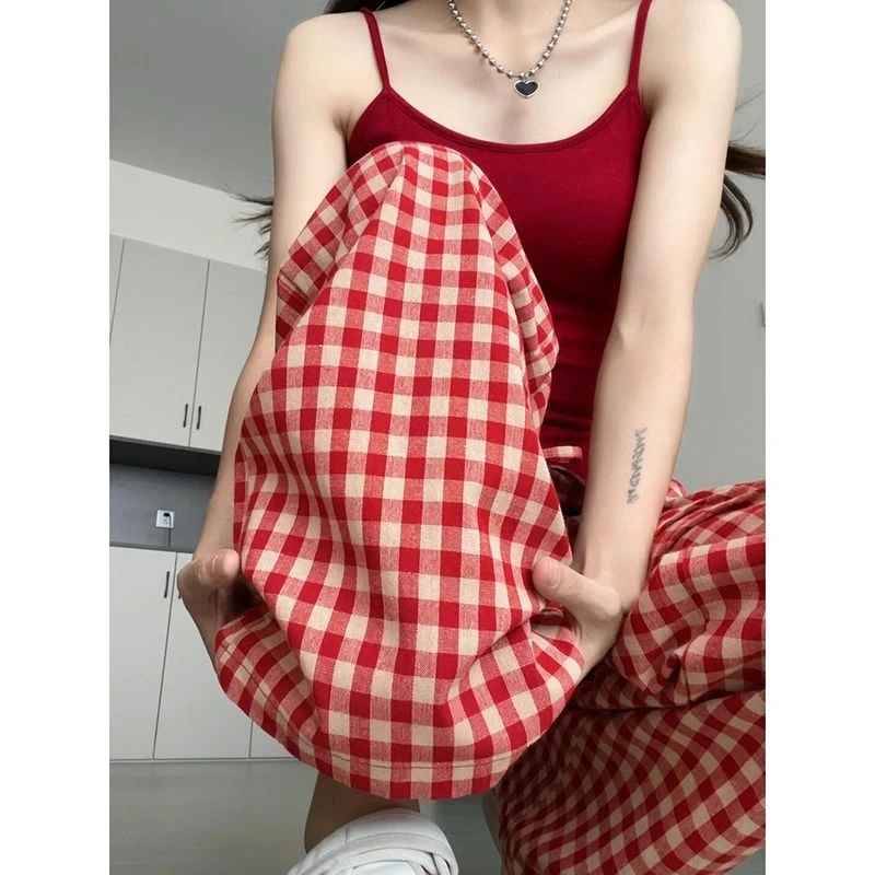 纯棉红色格子裤女春夏季显瘦新款高腰垂感宽松慵懒休闲阔腿裤子