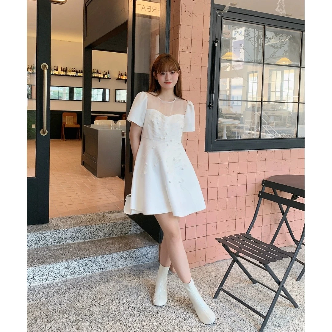 白标~莫妮卡晚宴~肩部拼纱A字礼服裙女气质法式收腰印花裙子