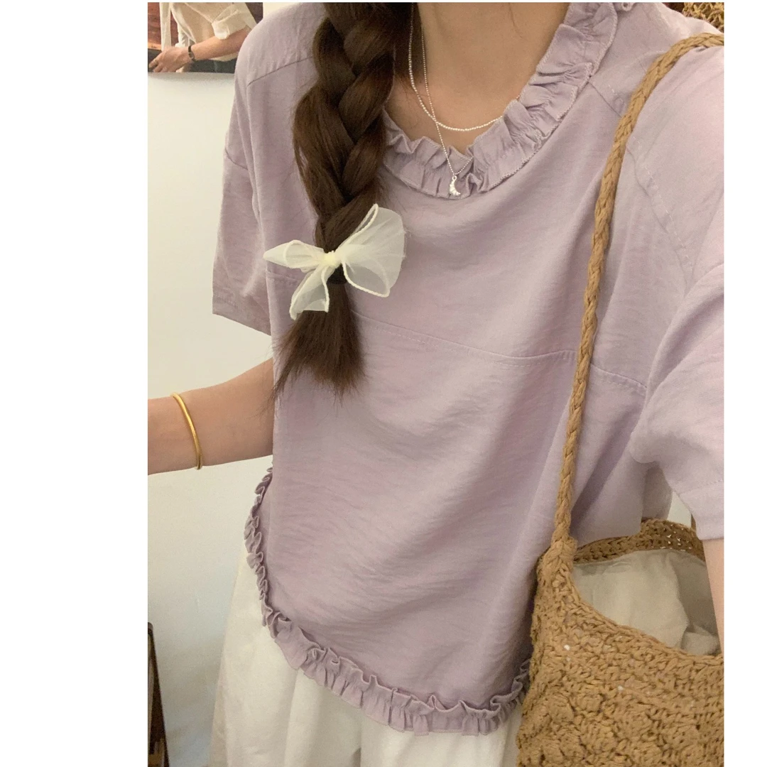 【乌梨】韩系木耳边圆领短袖衬衫女夏季设计感小众宽松显瘦上衣