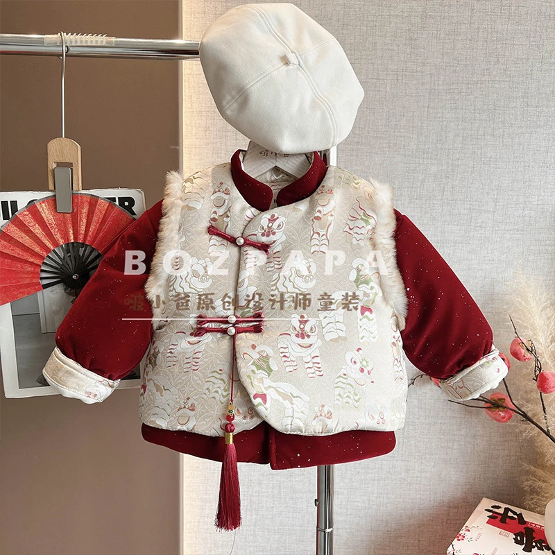 【醒狮纳福】2025冬季新款国风喜庆二件套保暖盘扣夹棉马甲套装