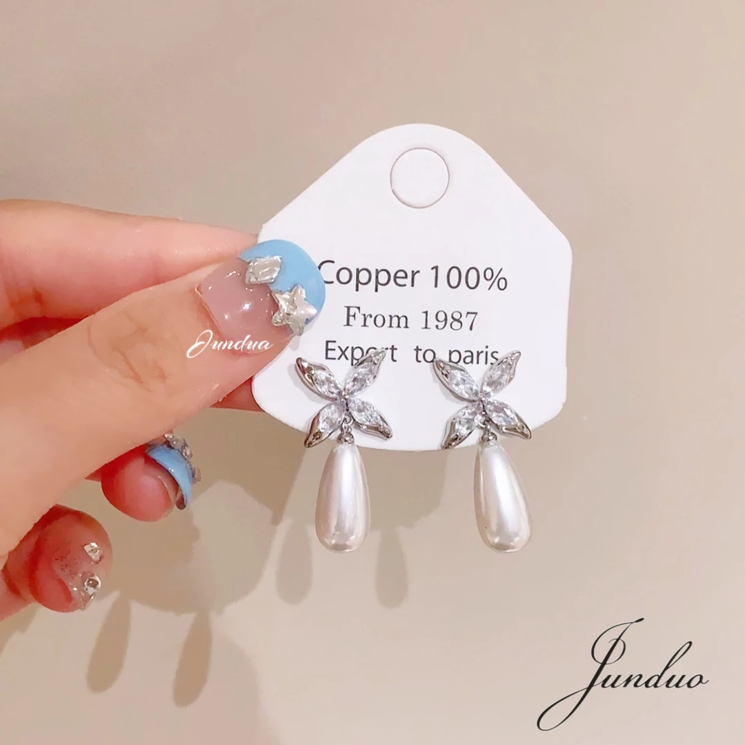 君朵饰品00703百搭花瓣吊珠珠耳饰耳钉