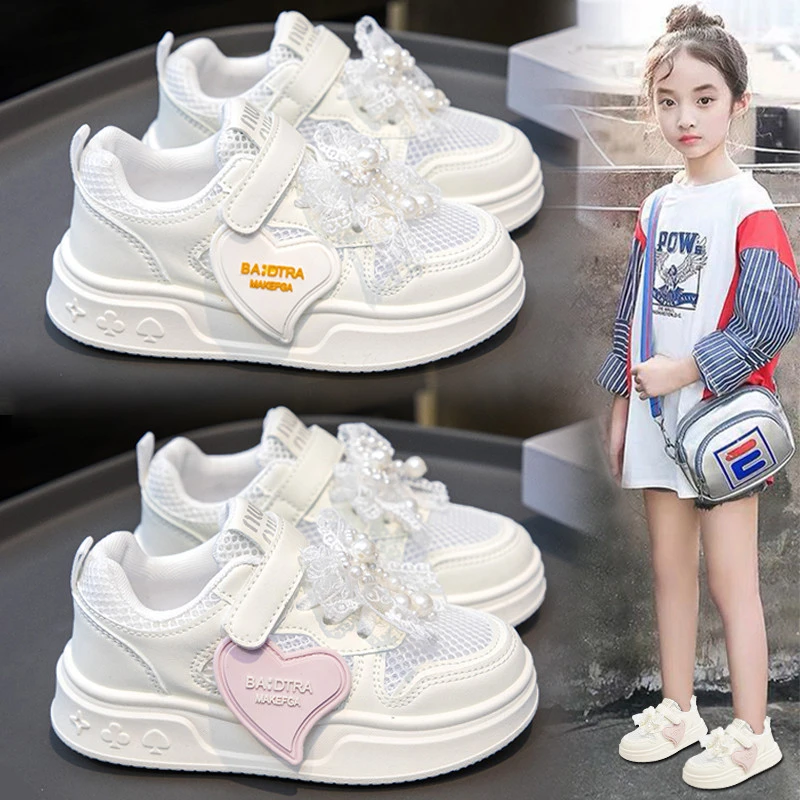 36l℃断码女童鞋新款夏款儿童珍珠单网鞋透气网面女孩公主运动白鞋