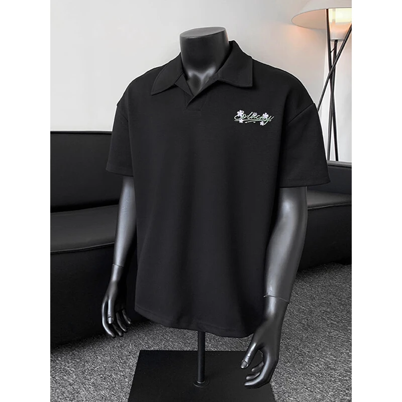 白色重磅刺绣polo衫男款夏季痞帅翻领短袖t恤小众美式半截袖上衣