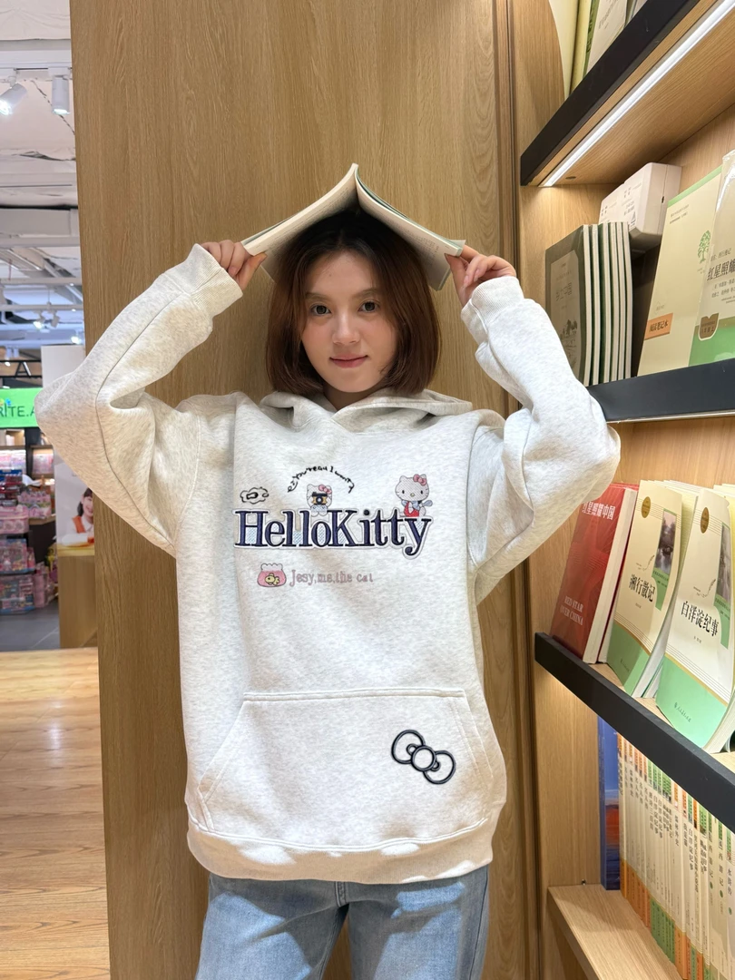 宽松型不起球套头连帽卫衣格纹速干卡通动漫短款猫