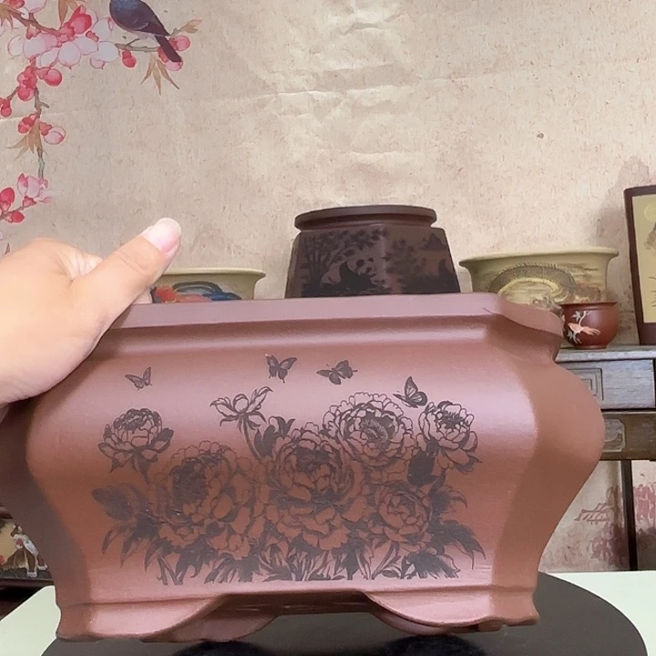 紫砂花盆牡丹图矮四方