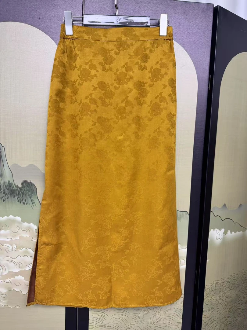 [玫瑰半裙]100桑蚕丝显瘦半身长裙时尚开叉气质高腰