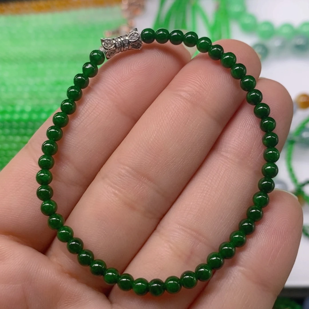 翡翠未镶嵌颈饰缅甸天然翡翠辣绿小米珠手链3.9