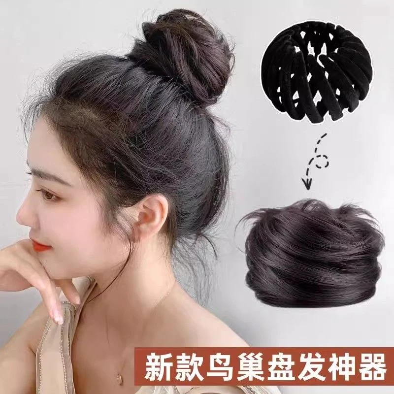 鸟巢丸子头仿真发发圈女随意收缩盘发神器仿真发蓬松增发量直发包