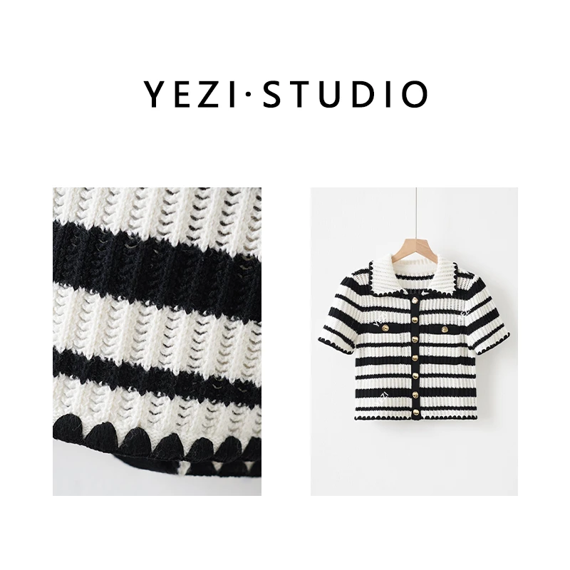 【千金风】高奢手工钩织羊绒棉混纺黑白条纹针织衫25122451-3/19