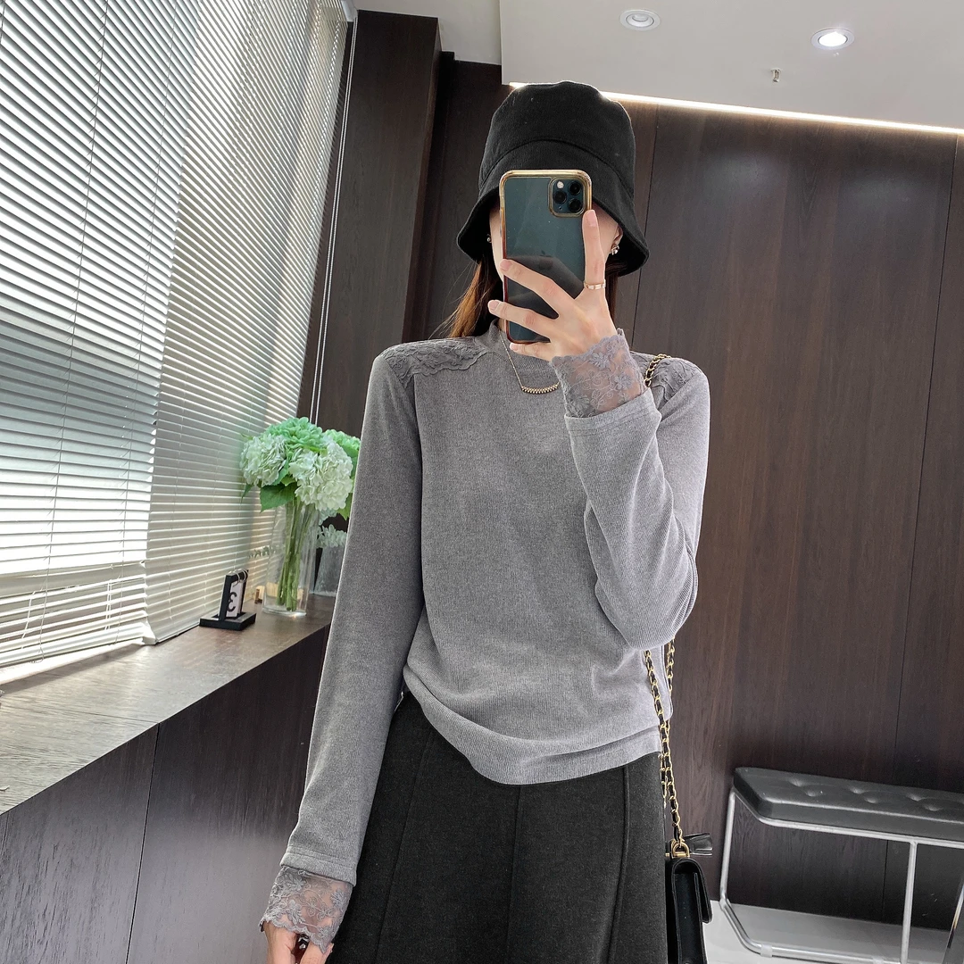 IMFLY金小金自制 打底衫DYW8189半高领蕾丝袖拼接显瘦长袖上衣女