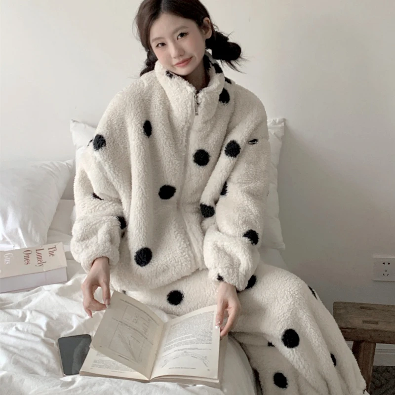【涵梦专属】法式高级波点印花法兰绒睡衣女冬款加绒家居服套装11