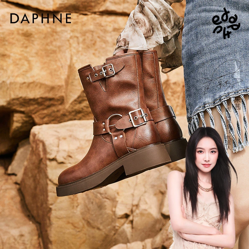 达芙妮2025新款女鞋时尚冬季加绒百搭保暖拉链女靴气质小众休闲鞋