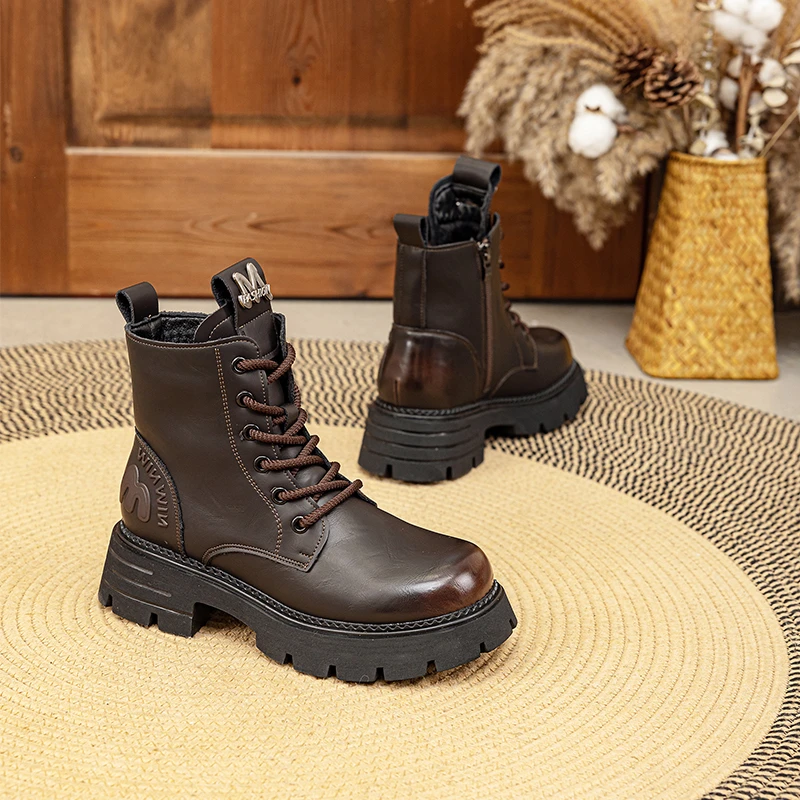真皮厚底马丁靴女2025新款秋冬增高加绒棉靴时尚短筒大棉保暖短靴