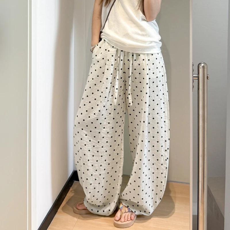 波点亚麻时尚百搭抽绳松紧腰弯刀裤休闲裤