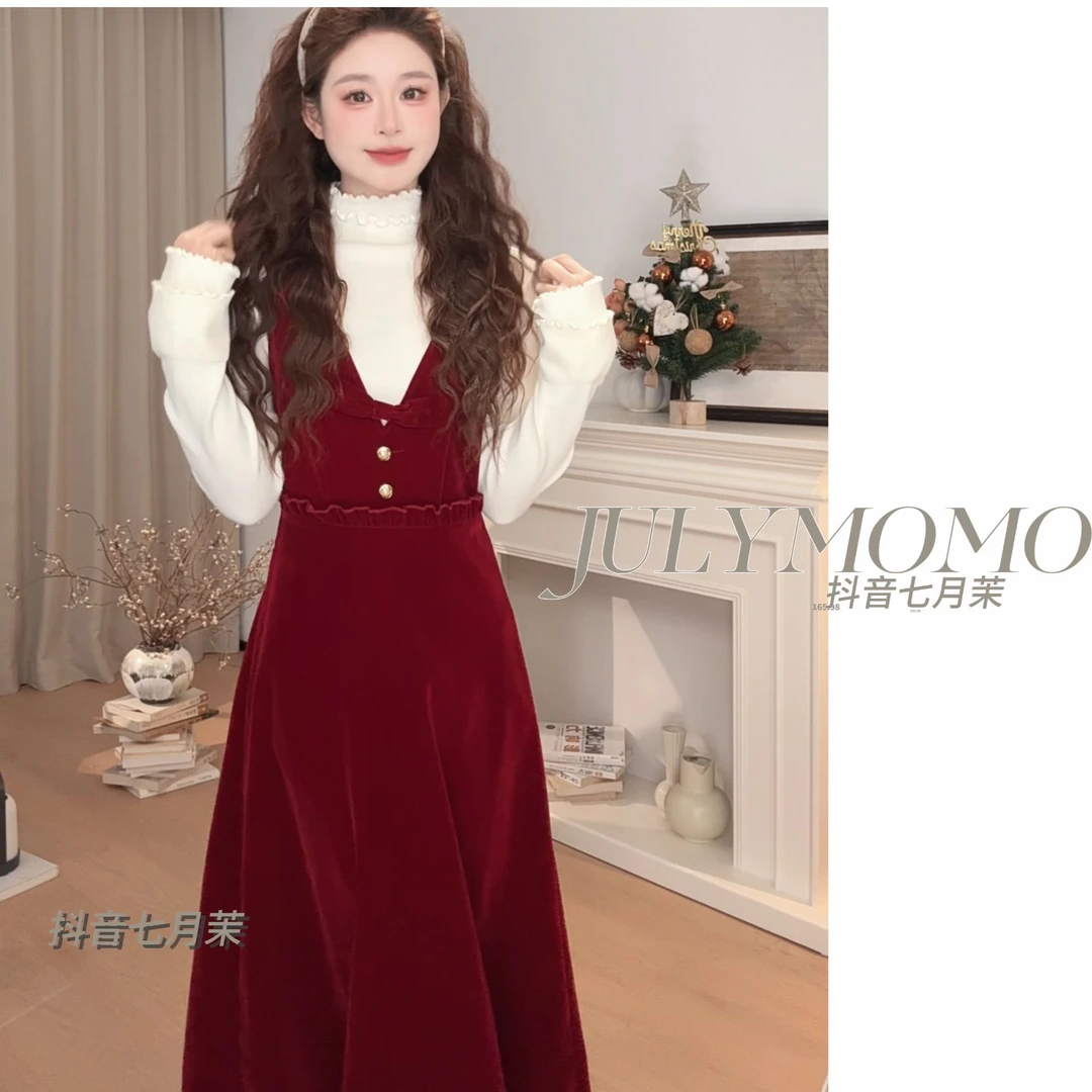 过年2026年爆款新款复古V领背心收腰显瘦丝绒秋冬季长裙套装A819