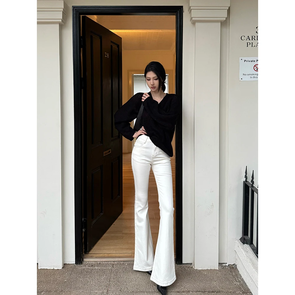 IFMR奶杏色喇叭裤春季新款中高腰修身显瘦辣妹牛仔喇叭长裤99379