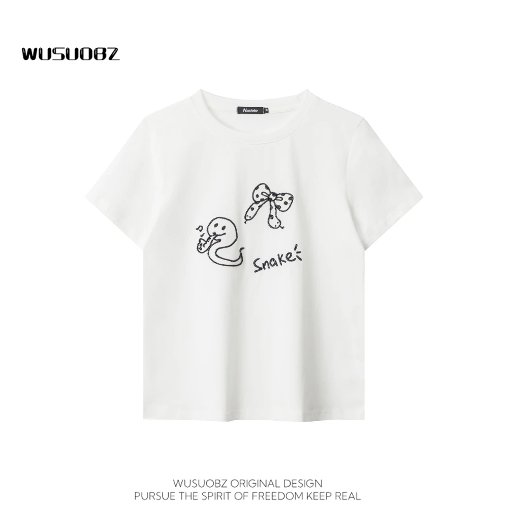WUSUOBZ美式辣妹小蛇刺绣正肩短袖T恤女2025国潮夏季修身短款半袖