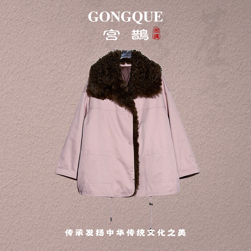宫鹊 秋冬中长款莫斯纳细软羊毛革填充白鹅绒派克服加绒外套 3876