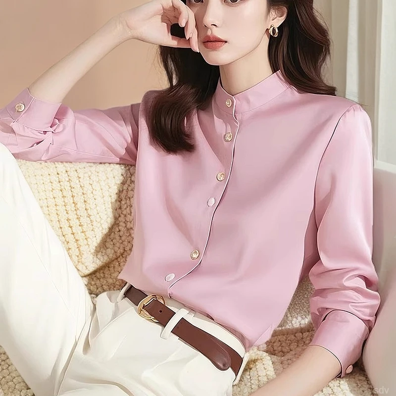 通勤新款早春上衣内搭高级感2025粉色气质长袖衬衫女法式立领衬衣