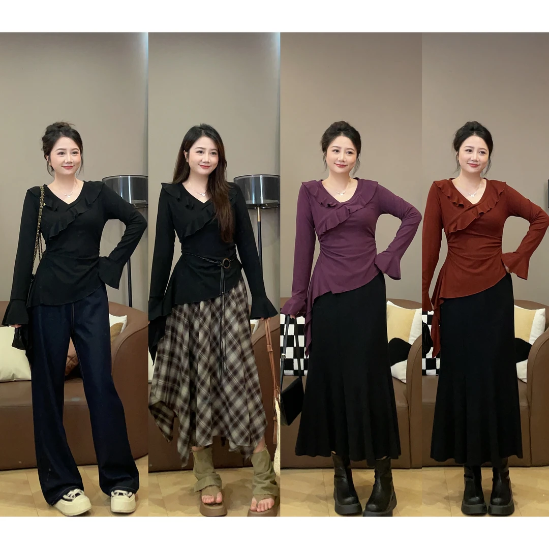 大萌萌 不规则长袖V领上衣+高腰格子半裙微胖显瘦套装P225X14981