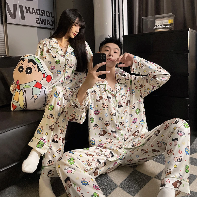 蜡笔小新情侣睡衣女春秋季长袖冰丝卡通可爱男士高级感家居服套装