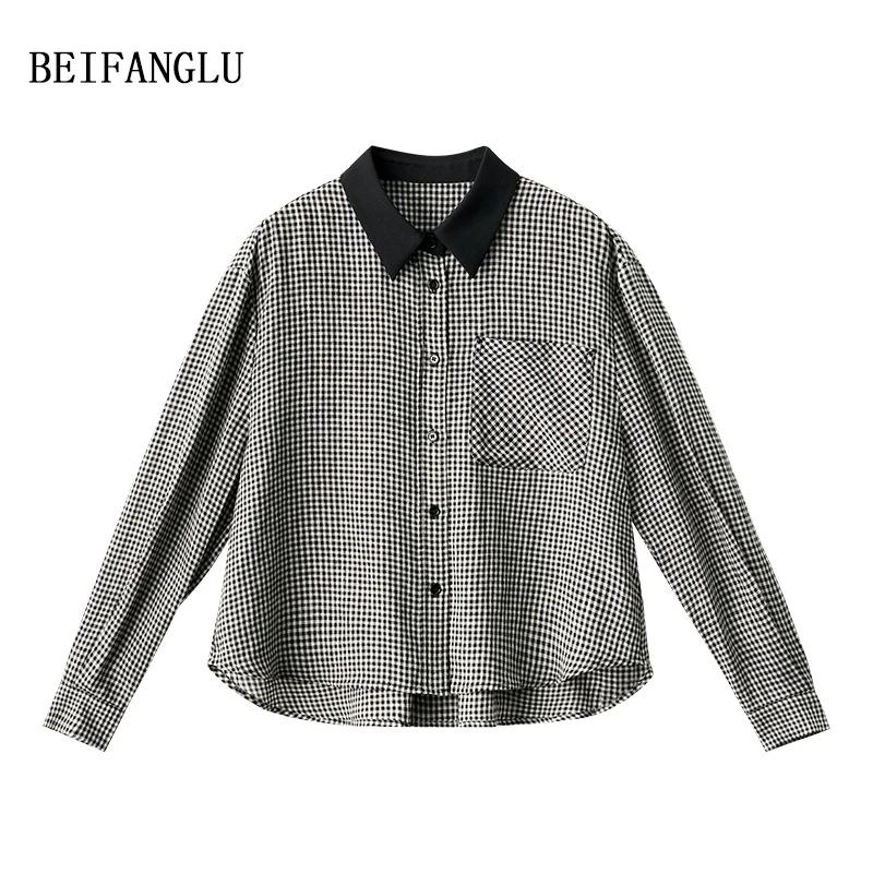 北方鹿【复古格纹衬衫】早秋新品100亚麻宽松格子女士长袖衬衫19079