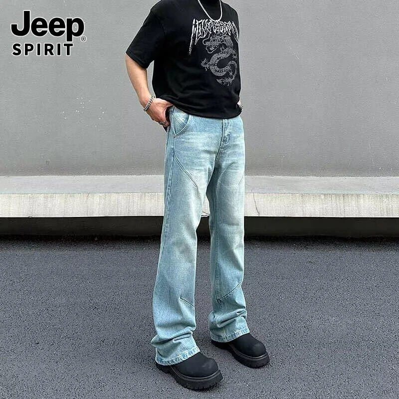 Jeepspirit吉普2025男美式高街猫须折痕做旧牛仔裤直筒日系原宿微