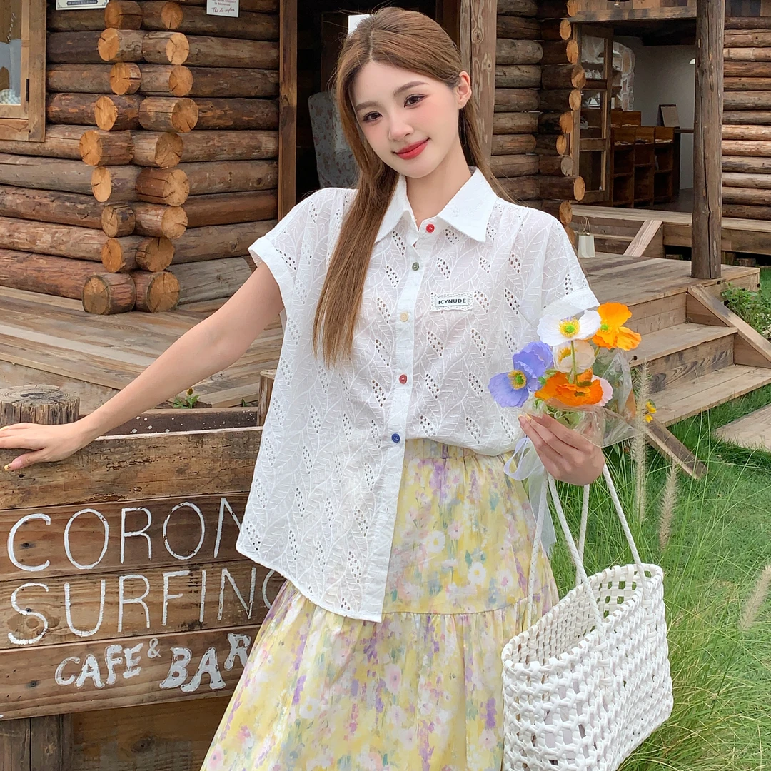 ICYNUDE官方店白色彩色扣刺绣镂空衬衣女宽松休闲短袖衬衫上衣夏