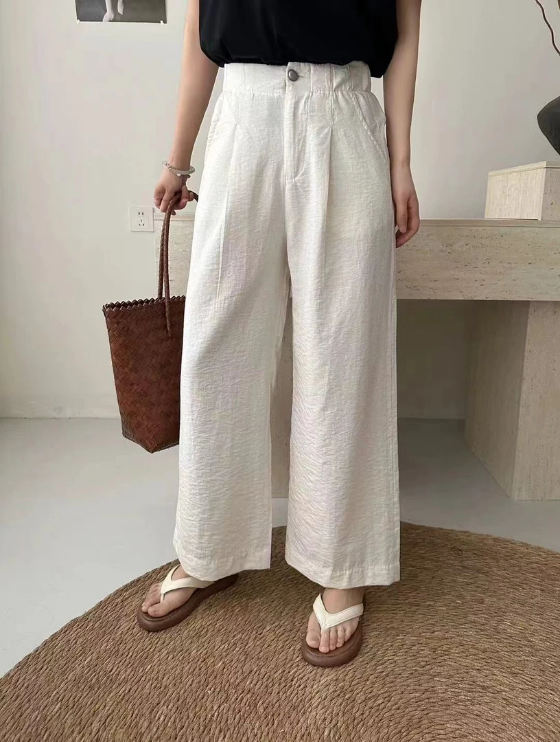 夏季纯色亚麻简约休闲百搭松弛感直筒阔腿裤 A9072