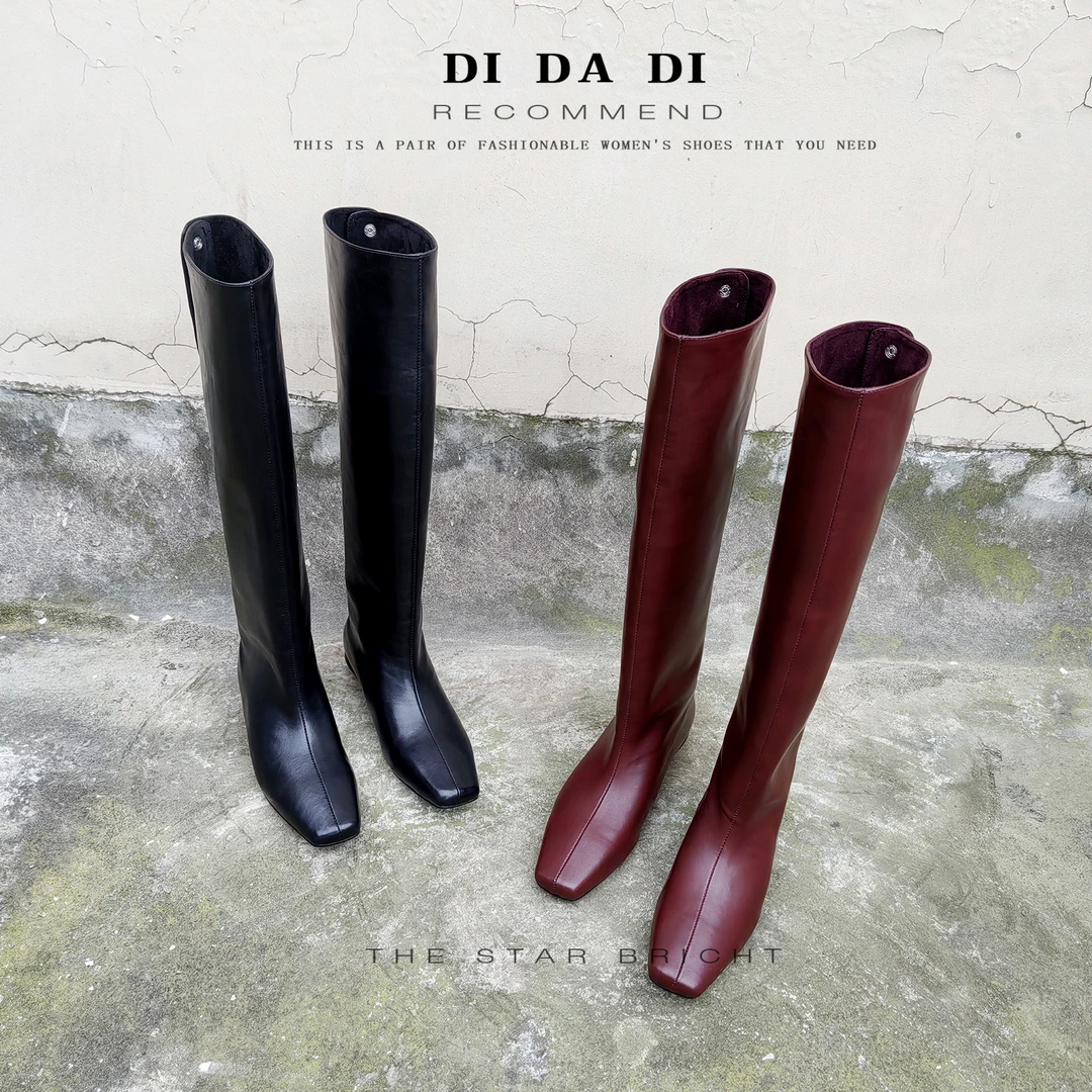 2024秋冬新简约百搭方头真皮直筒平口齐膝时装靴长筒时尚女士女鞋