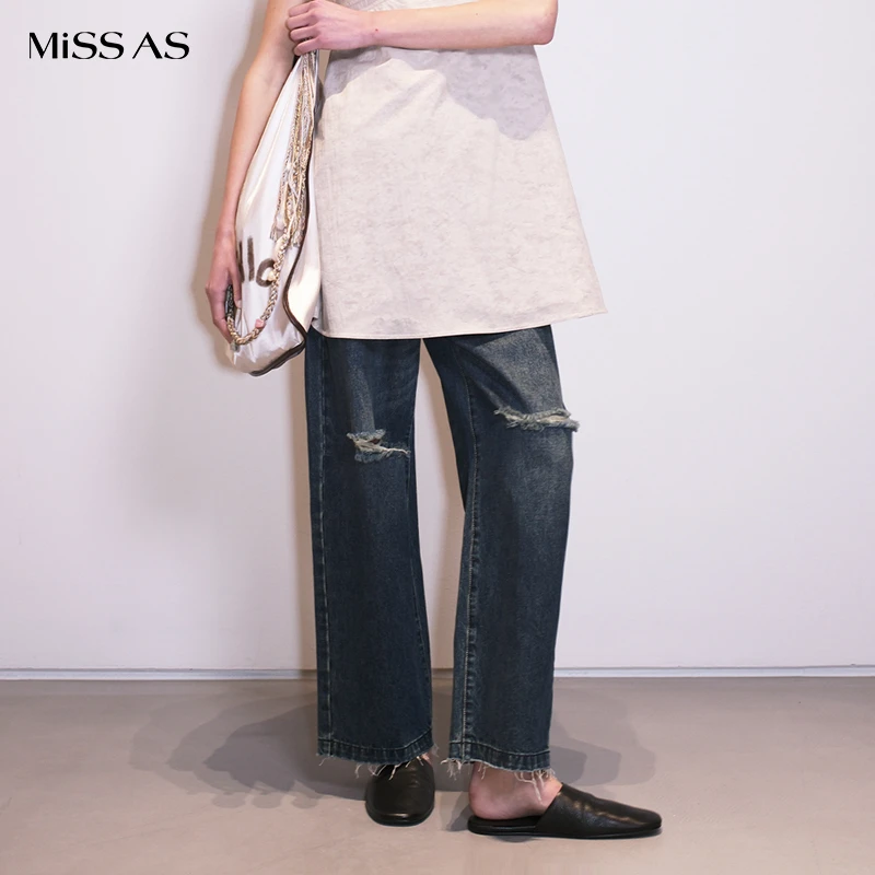【manzanilla】宽松阔腿蓝色破洞牛仔垮裤女2025春季新品