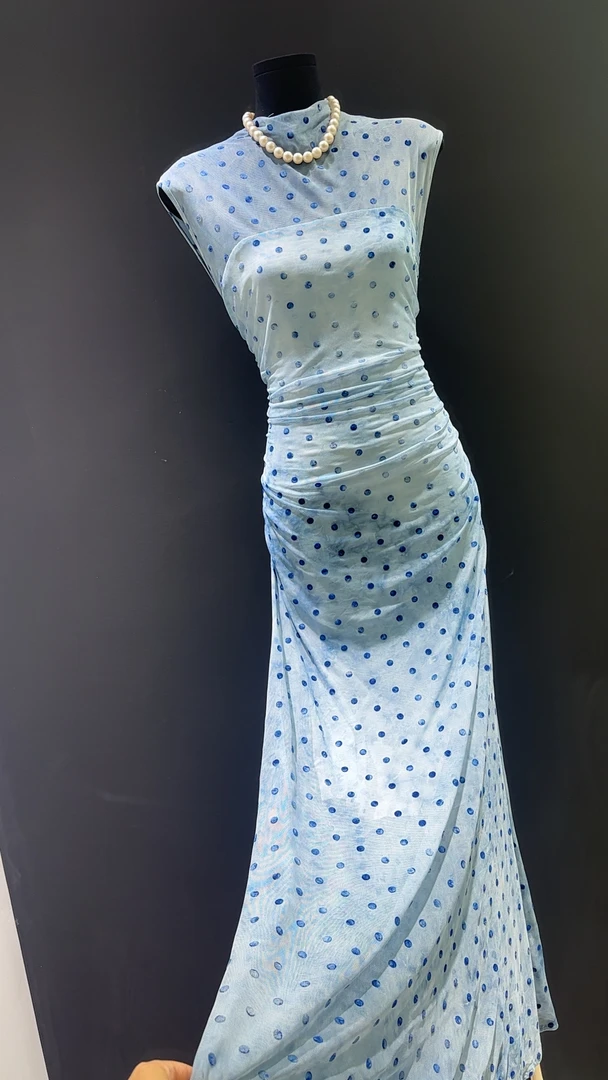 【Nice精选】蓝色法式时尚度假风无袖波点印花修身显瘦长裙