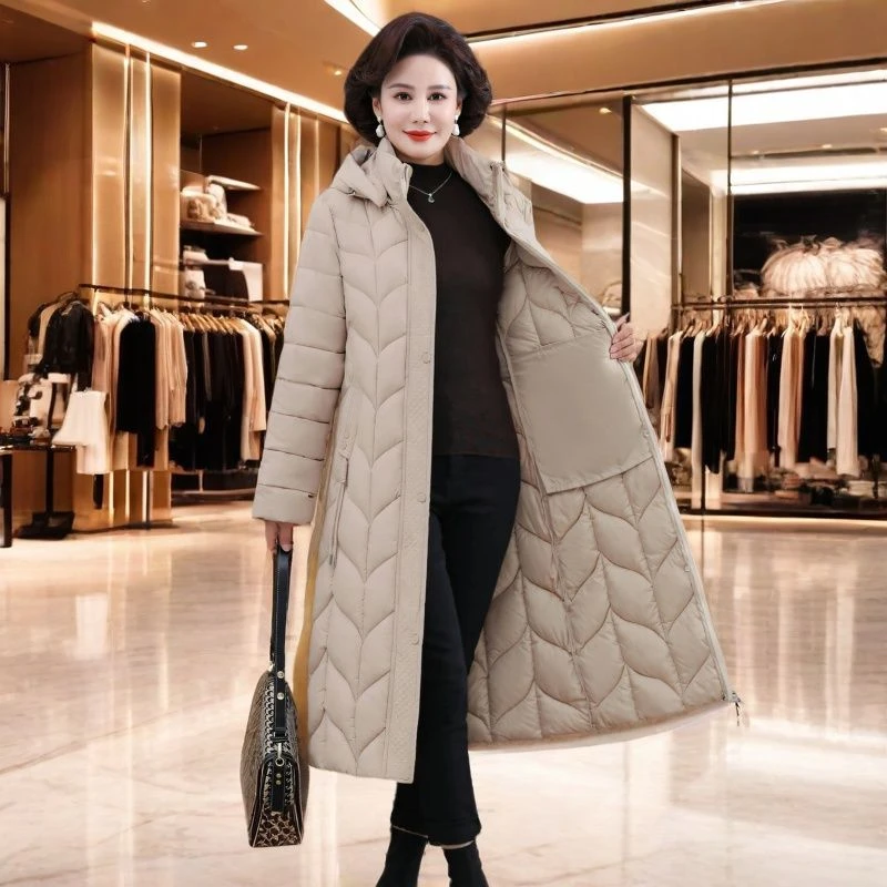 2025棉服女中老年长款过膝棉服显瘦妈妈修身加厚外套棉袄冬季