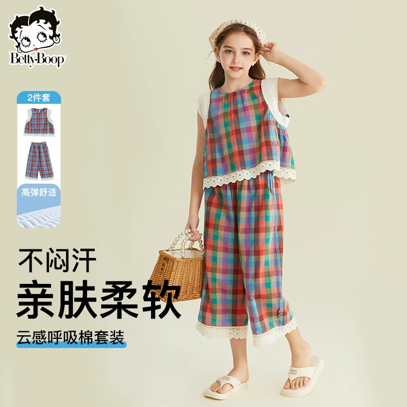 贝蒂女童夏季格纹T恤短袖七分裤套装2025年儿童中大两件套25412