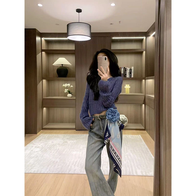 2025通勤风时尚洋气小众长袖毛衣休闲百搭上衣高腰垂感牛仔裤长裤