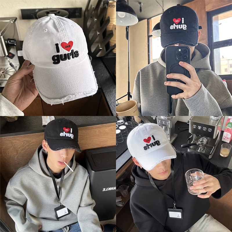 PLTH*爱心字母刺绣拼色鸭舌帽男韩国小众做旧磨边显脸小棒球帽潮