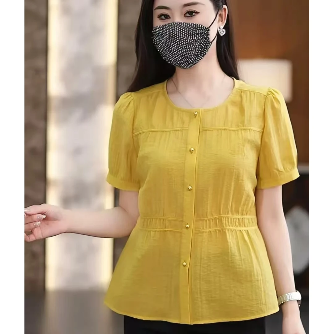 2025夏季新款短袖衬衫s1时尚宽松文艺圆领百搭洋气显瘦气质