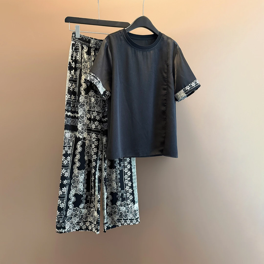 高品质时尚气质减龄套装女夏新款圆领印花设计短袖阔腿长裤两件套
