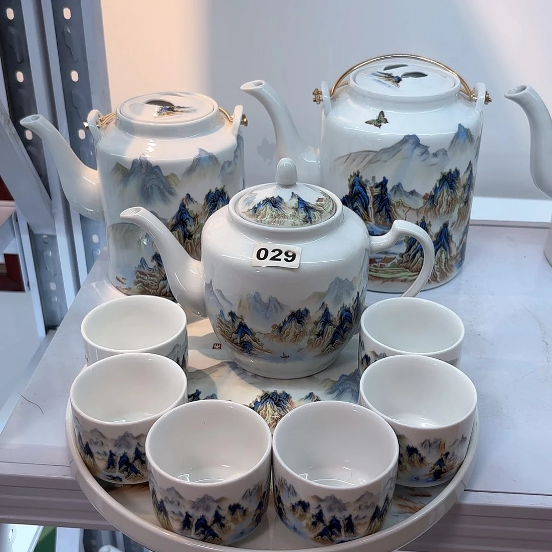 壶千里江山图侧把壶➕六个杯子➕茶盘