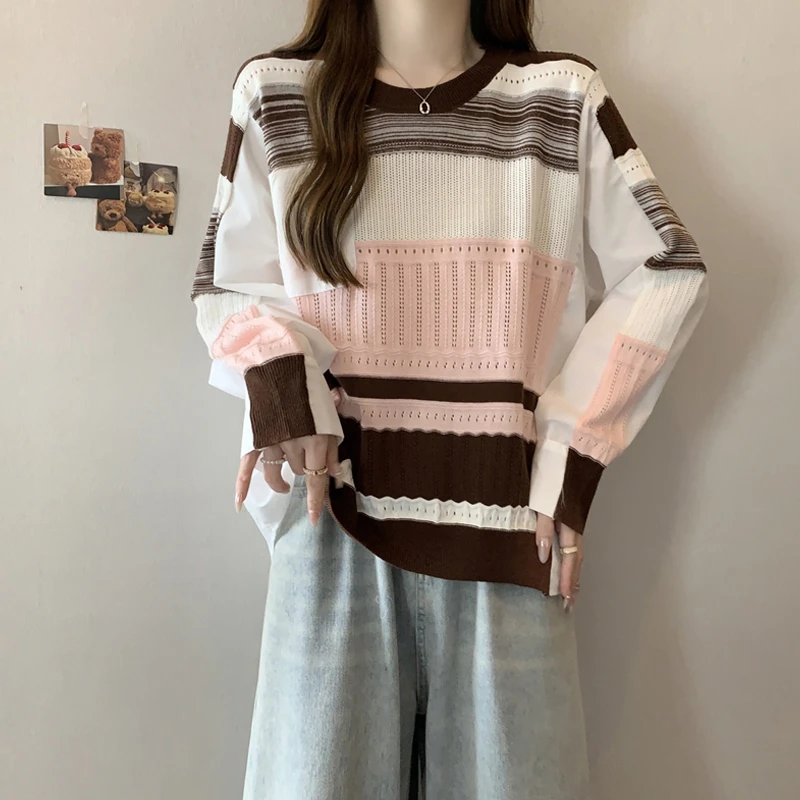 法式慵懒风撞色针织拼接长袖衬衫女秋冬大码胖mm显瘦宽松欧货上衣
