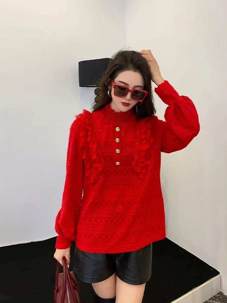 新款大码3536-2立领荷叶肩长袖蕾丝衫休闲百搭洋气镂空打底衫