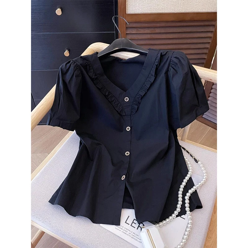 夏季新款爆款2025黑色V领短袖衬衫女装小众别致独特绝美小衫上衣