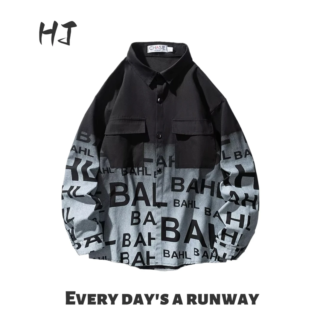 春秋季潮牌长袖男装衬衫外套新款秋季宽松加肥休闲加大码衬衣工装