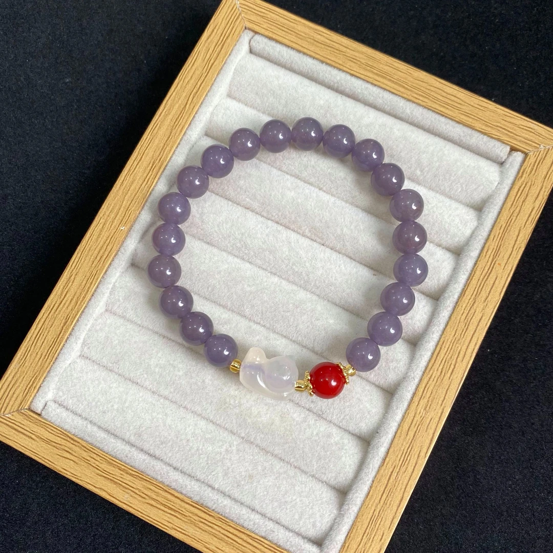 和田玉烟紫色配玉髓趴趴猫手串（多样性发一件）B-7