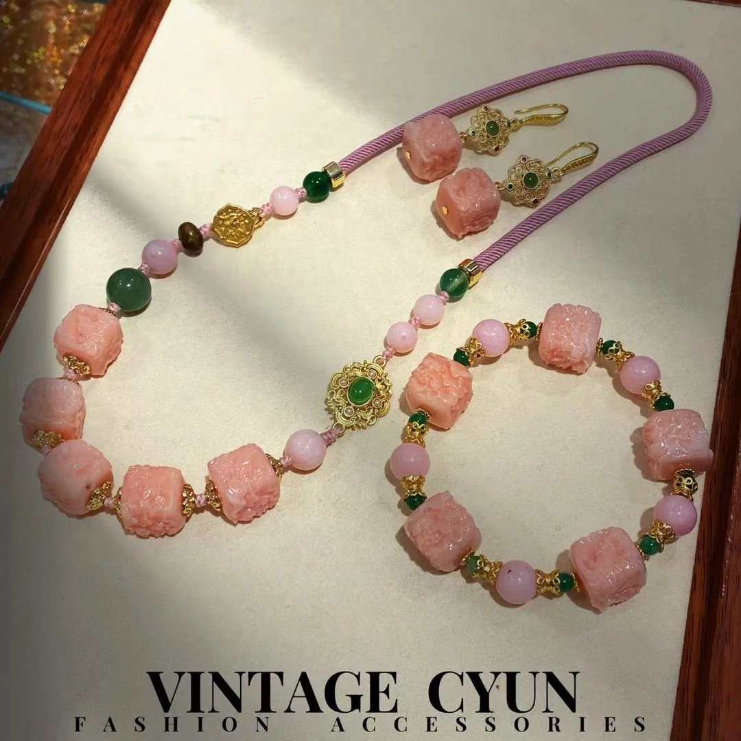 铜合金项链 11918蜡雕工艺手作粉色方糖项链套装